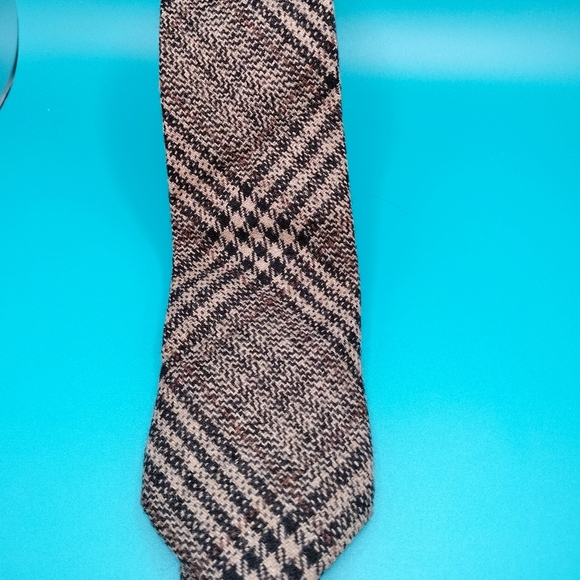 SPREZZA Mens Designer Wool Blend Skinny Tie Necktie Plaid Black Tan Retro - Picture 8 of 8